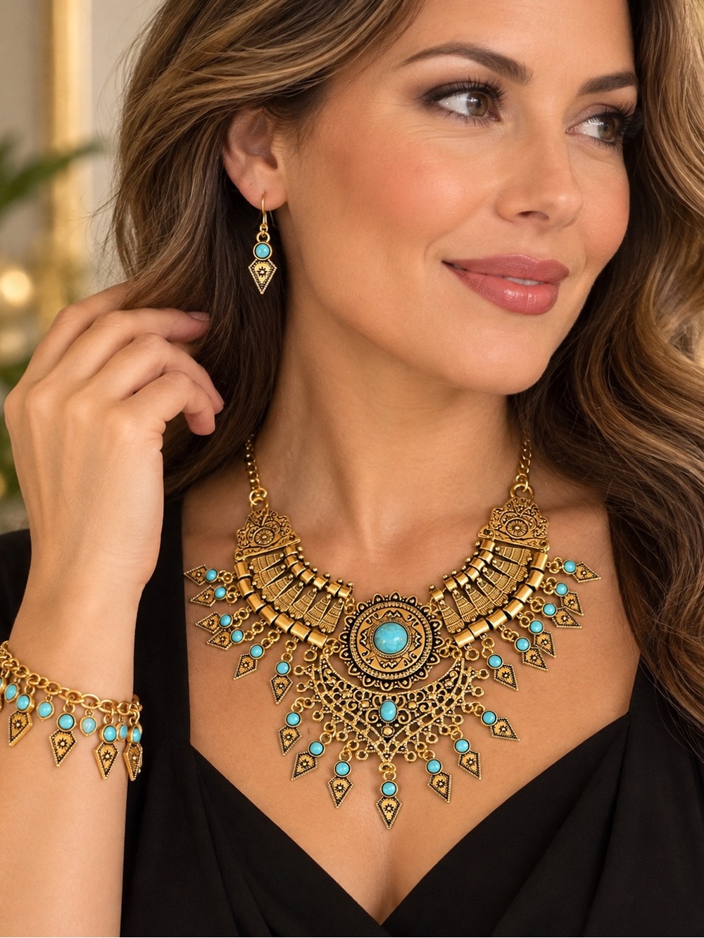 Gold-Tone Turquoise Statement Bib Necklace, - Women's Jewelry